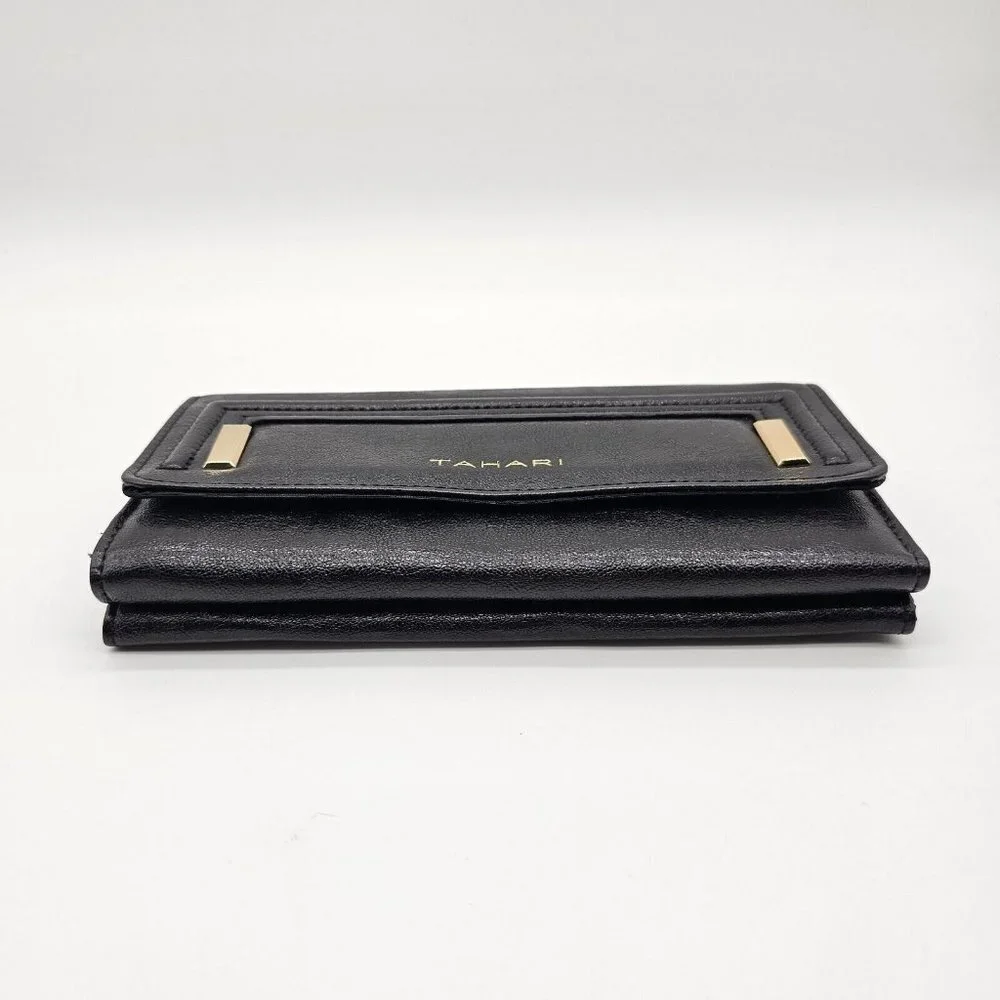 Tahari Tri Fold Wallet Black Faux Leather Credit Card Slots Vintage Snap Button